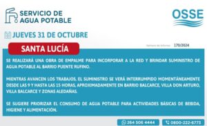 Obras Sanitarias de San Juan informó que este jueves 31 de octubre se realizarán trabajos de empalme en el barrio Puente Rufino, Santa Lucía, para mejorar el suministro de agua potable.