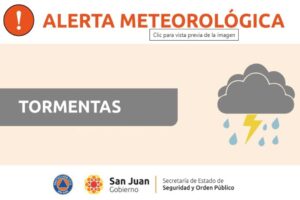 La Dirección de Protección Civil de San Juan emitió un alerta amarilla por tormentas fuertes que afectarán el sector Este de la provincia durante la noche del lunes 27 y la mañana del martes 28 de enero. Las tormentas podrían incluir lluvias intensas, granizo y ráfagas de viento que superarían los 60 km/h.