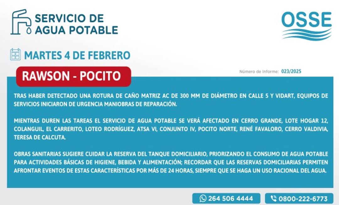 Obras Sanitarias de San Juan informó que se detectó una rotura en un caño matriz de 300 mm en la intersección de Calle 5 y Vidart, por lo que se iniciaron trabajos de reparación de urgencia para evitar mayores inconvenientes en el suministro de agua potable.