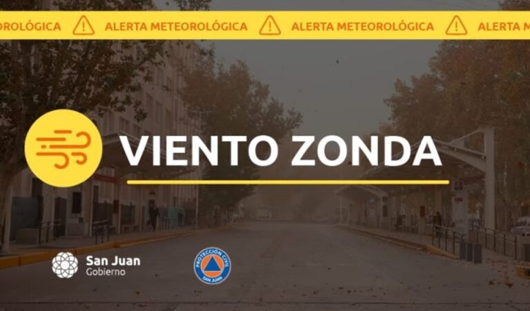 La Dirección de Protección Civil emitió una alerta amarilla por la presencia de viento Zonda durante la tarde y noche del miércoles 30 de julio en varias zonas de la provincia. Se esperan ráfagas de hasta 75 km/h en departamentos como Calingasta, Pocito, Rivadavia, Sarmiento, Ullúm y Zonda.