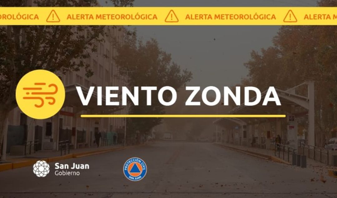 La Dirección de Protección Civil emitió una alerta amarilla por la presencia de viento Zonda durante la tarde y noche del miércoles 30 de julio en varias zonas de la provincia. Se esperan ráfagas de hasta 75 km/h en departamentos como Calingasta, Pocito, Rivadavia, Sarmiento, Ullúm y Zonda.