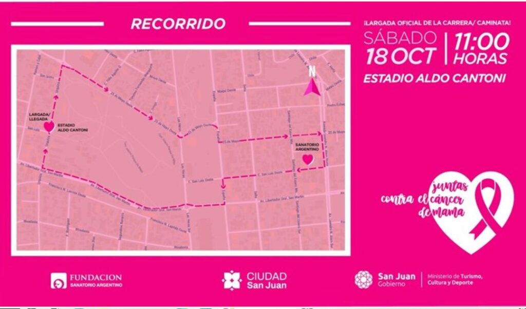 El Ministerio de Turismo, Cultura y Deporte, junto a la Municipalidad de la Ciudad de San Juan, informaron que este sábado 18 de octubre se realizarán cortes y desvíos de tránsito entre las 8:00 y las 14:00 horas por la maratón solidaria “Juntas contra el cáncer de mama”. El evento es organizado por la Fundación Sanatorio Argentino con el acompañamiento del Gobierno provincial.