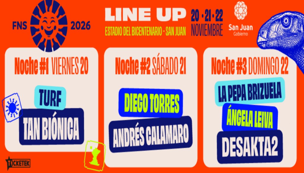 La Fiesta Nacional del Sol 2026 ya tiene definida su grilla de artistas nacionales y los precios de las entradas para las tres jornadas que se desarrollarán del 20 al 22 de noviembre en el Estadio del Bicentenario, en San Juan. La contratación de los músicos se concretará mediante el aporte de sponsors privados y la recaudación de la taquilla, en una edición que tendrá como temática el “Parque Triásico” y combinará música, cultura, entretenimiento y propuestas vinculadas con la identidad sanjuanina.
