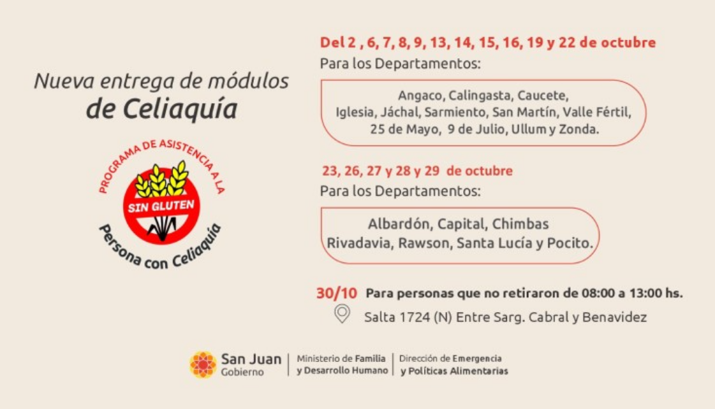 El Ministerio de Familia y Desarrollo Humano dio a conocer el cronograma de entrega de módulos alimentarios destinados a personas con diagnóstico de celiaquía en distintos departamentos de San Juan. La distribución comenzará este viernes 2 de octubre y continuará durante todo el mes en diferentes puntos de la provincia.