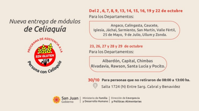 El Ministerio de Familia y Desarrollo Humano dio a conocer el cronograma de entrega de módulos alimentarios destinados a personas con diagnóstico de celiaquía en distintos departamentos de San Juan. La distribución comenzará este viernes 2 de octubre y continuará durante todo el mes en diferentes puntos de la provincia.
